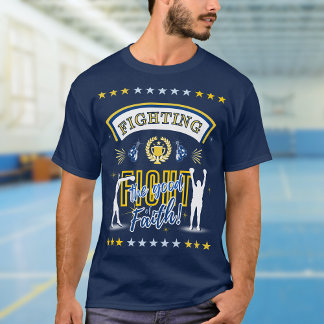 Camiseta Azul, Amarelo lutando contra a boa luta da fé