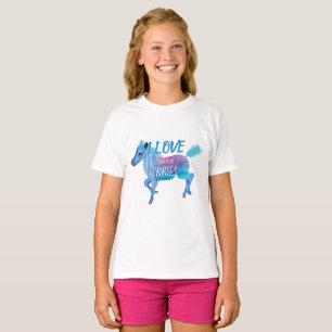 Camiseta Azul, Aqua, Cavalo Miniatura Rosa Galopante