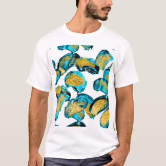 Camiseta Azul aquarela, turquesa, arte dourada.