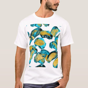 Camiseta Azul aquarela, turquesa, arte dourada.