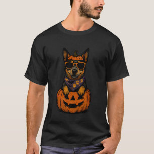 Camiseta Azul Assustador Heeler Abóbora Halloween Amante de