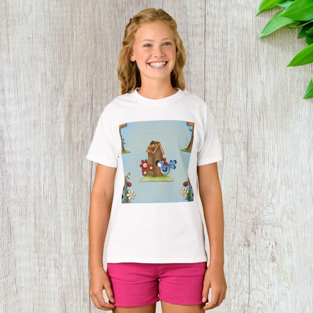 Camiseta Azul Bebê Caprichoso e Casa de Pássaros Primavera  (Criador carregado)