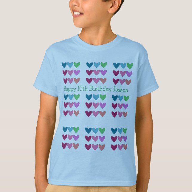 Camiseta Azul bonito com cardíacos e meninos de aniversário (Frente)