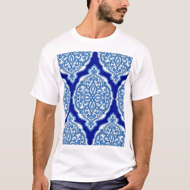 Camiseta Azul-branco-luxo, ornamento turco. (Frente)