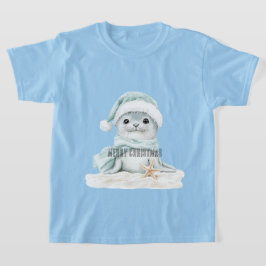 Camiseta Azul-branco Santa Hat Scarf Seal Natal