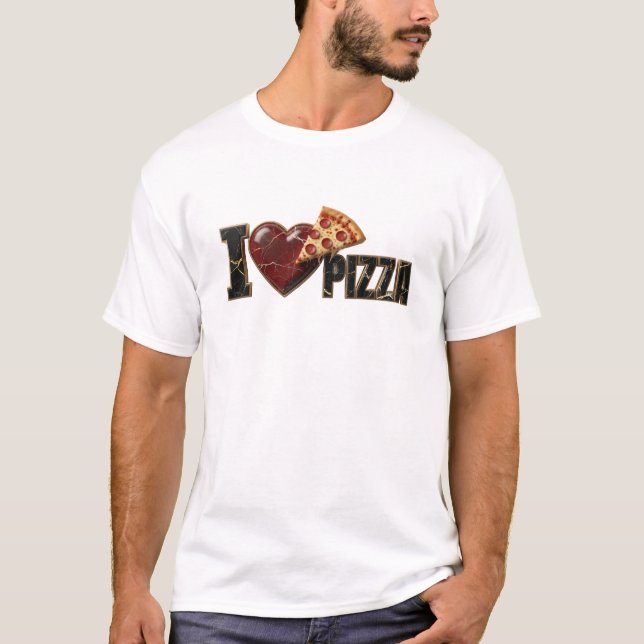 Camiseta Azul Chic Eu Amo PIZZA Expressão Artística (Frente)