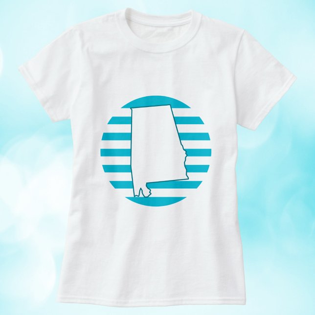 Camiseta Azul-Circular Retro Estadual do Alabama EUA (A tshirt with the state outline of Alabama in front of a retro style circle.)