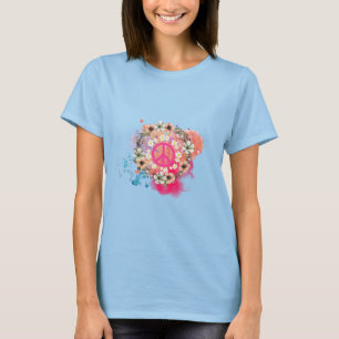 Camiseta Azul com Símbolo da Paz - Feminina Hippie
