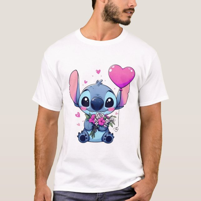 Camiseta Azul Criatura Fofa com Coração e Flores A (Frente)