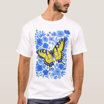 Camiseta azul da flor da andorinha amarela