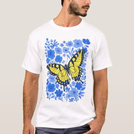 Camiseta azul da flor da andorinha amarela