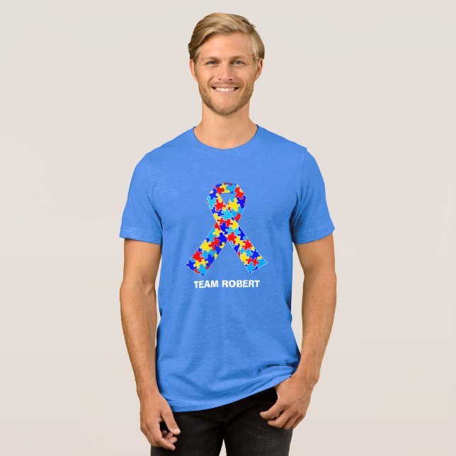 Camiseta Azul de Fita de Consciência do Autismo Personaliza (Frente Completa)