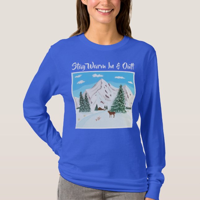 Camiseta Azul de Manga Longa Montanhas Nevadas (Frente)