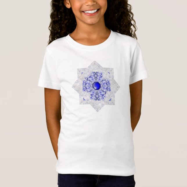 Camiseta Azul de rendas cerâmicas de Grécia e floco de neve (Frente)