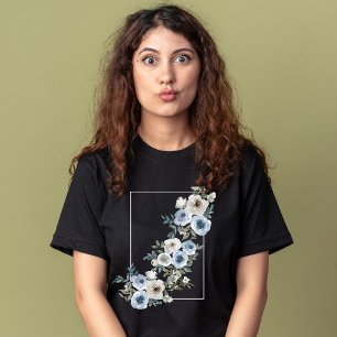 Camiseta Azul e cinzas Flores florescentes Cores de água