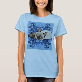 Camiseta Azul Elegante Floral Siamês Gato Bonito Felino