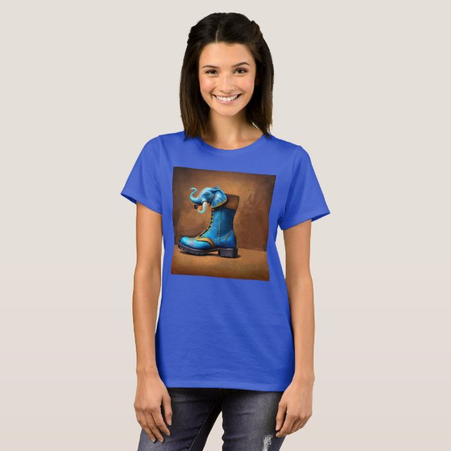Camiseta azul feminina Steampunk Elephant Boot (Frente Completa)