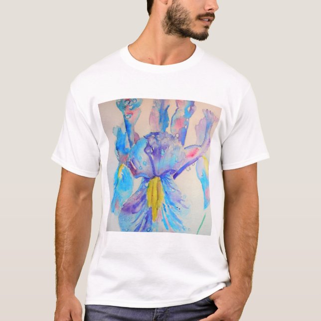 Camiseta Azul Iris Art floral Design de Aquarela (Frente)