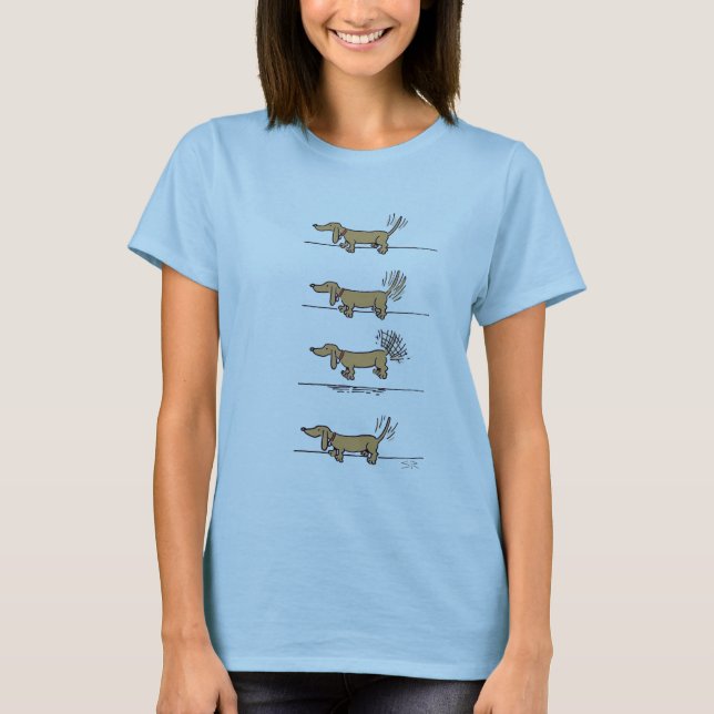 Camiseta azul-marrom das mulheres Dachshund voador (Frente)