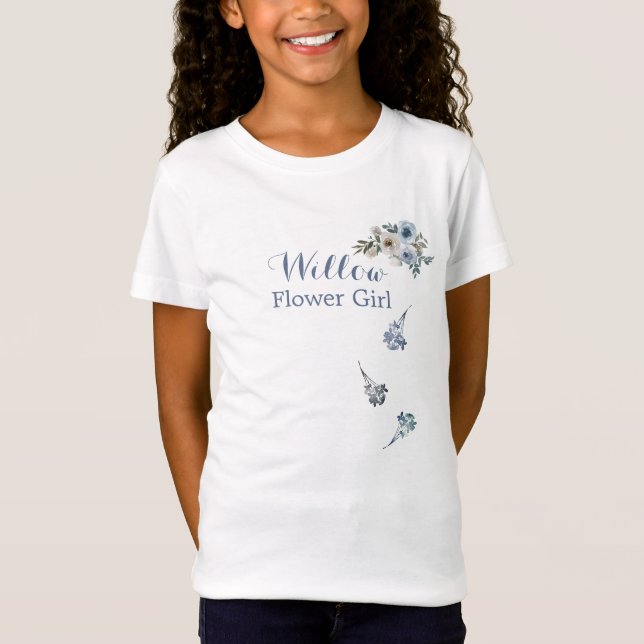 Camiseta Azul Poeira Branco Floral Menina das Flores - Trib (Frente)