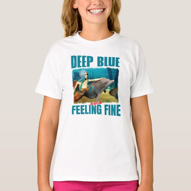 Camiseta Azul Profundo e Sentindo-se Bem Sereia e Golfinho (Frente)