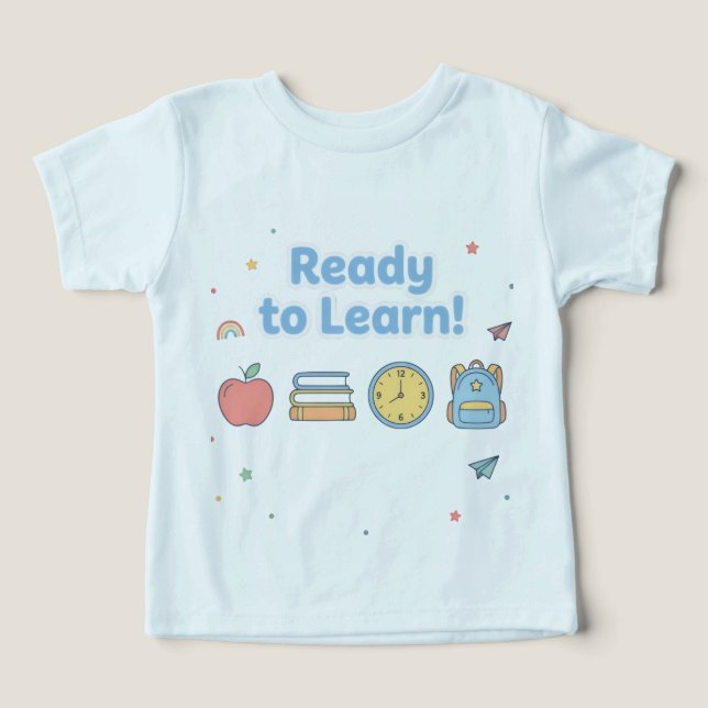Camiseta Azul Pronto para Aprender  Fofo de Volta às Aulas  (Design frontal)
