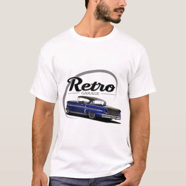 Camiseta Azul retro do Impala da garagem (Frente)