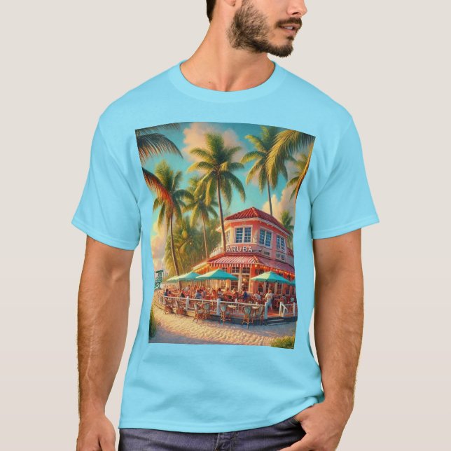 Camiseta Azul Tropical Beach Cafe Aruba (Frente)