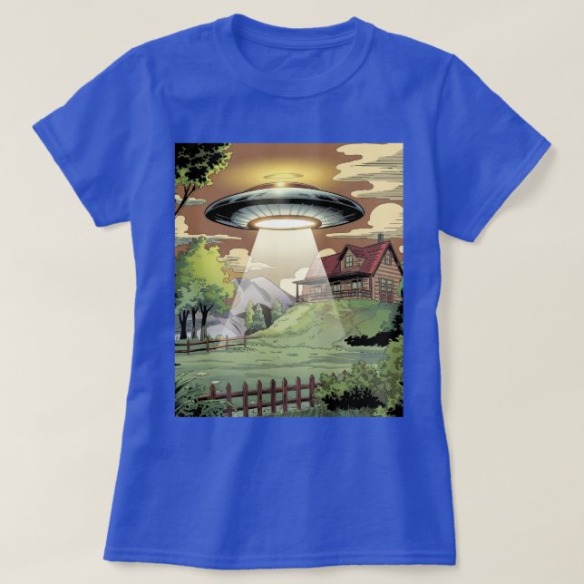 Camiseta Azul UFO Camiseta Mulher (Frente do Design)