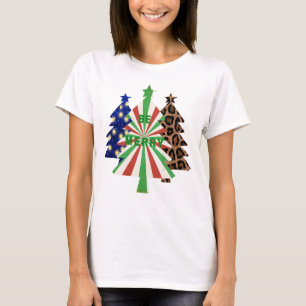 Camiseta Azul Vermelho Verde Leopardo Natal Alegre