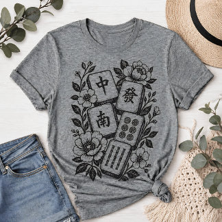 Camiseta Azulejo Floral Mahjong Linocut Retro