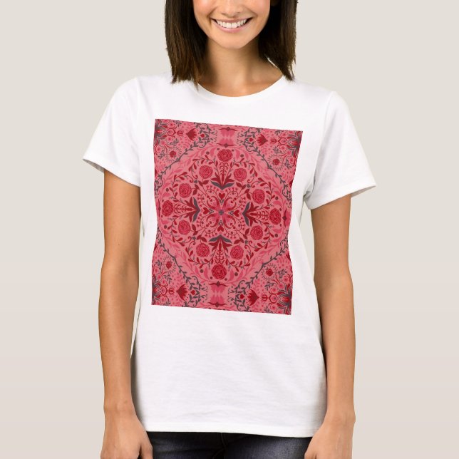 Camiseta Azulejos florais em vermelho e melancia rosa (Frente)