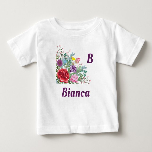 Camiseta B Bianca Personalize o nome da letra, Rosa Flores (Frente)