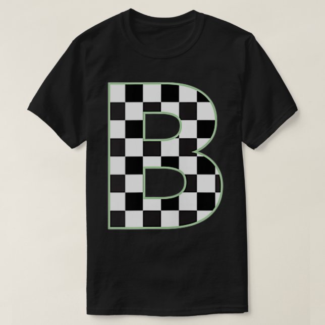 Camiseta B Quadro de verificação preto e branco do Monogram (Frente do Design)