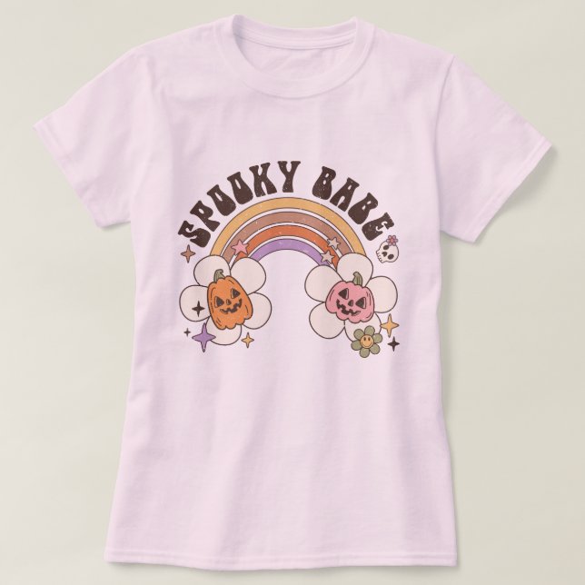 Camiseta Babe Flor Spooky Pumpkin Rainbow Retro Halloween (Frente do Design)