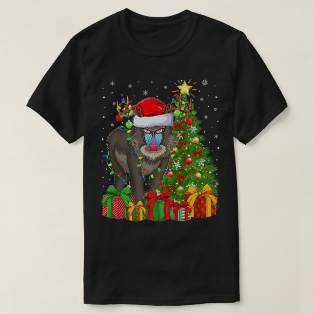 Camiseta Baboon Lighting Xmas Tree Santa Hat Baboon Natal (Frente do Design)