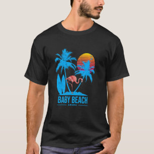Camiseta Baby Beach Aruba. Flamingo e palmeiras tropicais