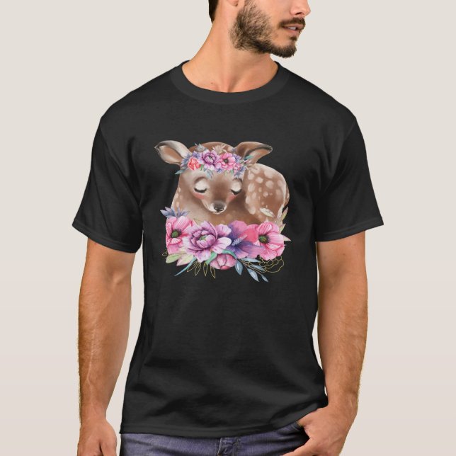 Camiseta Baby Deer Fawn with Flowers Forest Animals Nature  (Frente)