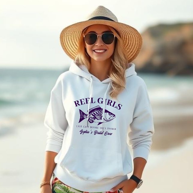 Camiseta Bachelorette Pescador Estilo Reel Girls-Purple (Bachelorette Bridal Crew Hoodie, Reel Girls Fisherman Style Hawaiian Purple)