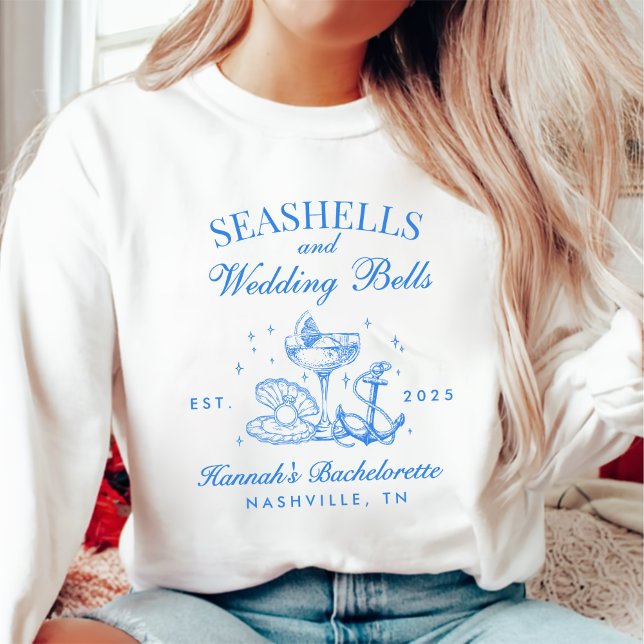 Camiseta Bachelorette Retro Blue Seashells & Wedls (Criador carregado)