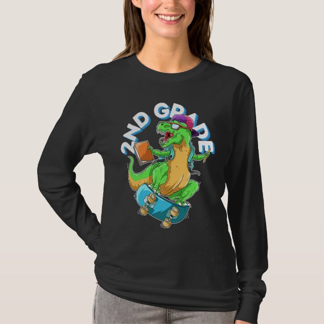 Camiseta Back to School 2nd grade Dinosaur Riding Skateboar (Frente)