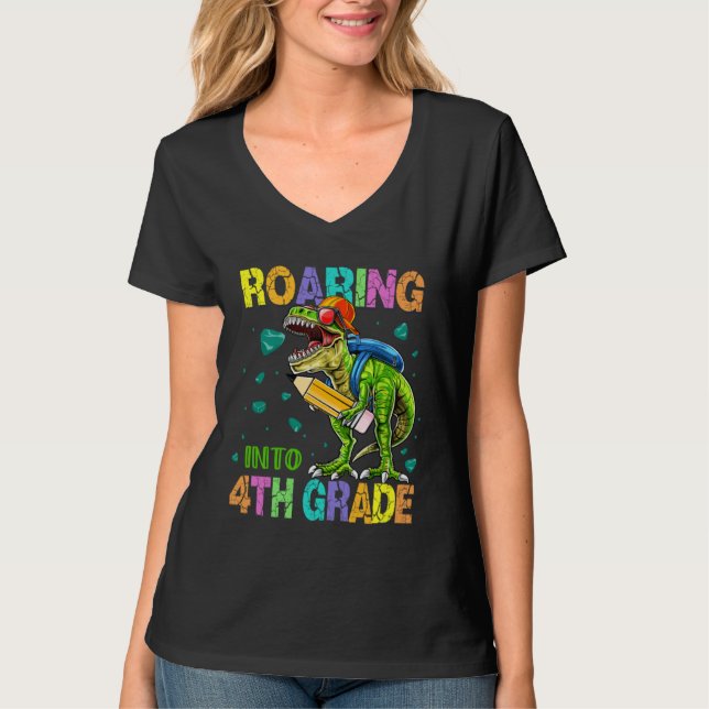 Camiseta Back to School Dinosaur Rex  Roaring Into 4th Grad (Frente)