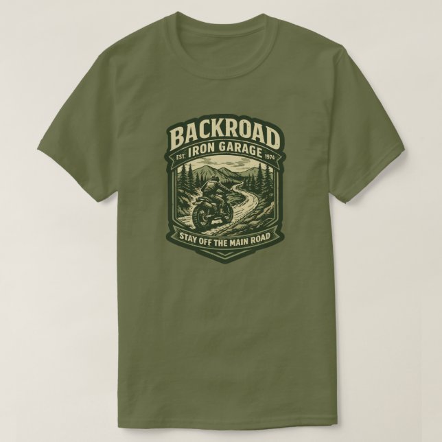 Camiseta Backroad Iron Garage Scrambler Motorcycle (Frente do Design)