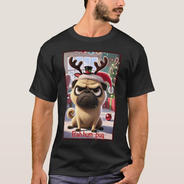 Camiseta Bah Hum-Pug Natal Pug Rena Grumpy Piada  (Frente)