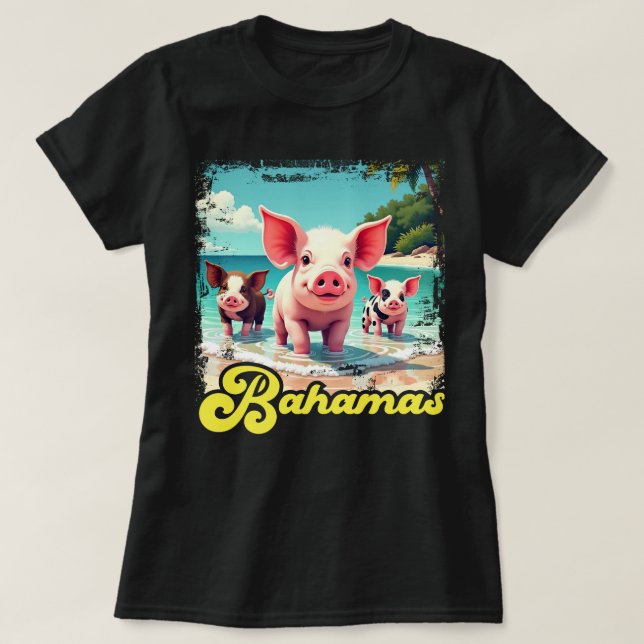 Camiseta Bahamas Nadando Suínos - Exuma Pig Beach Adventure (Frente do Design)