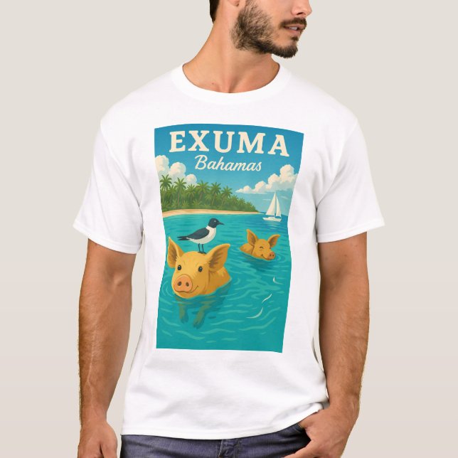 Camiseta Bahamas Nadando Suínos Exuma Tropical de Praia 202 (Frente)