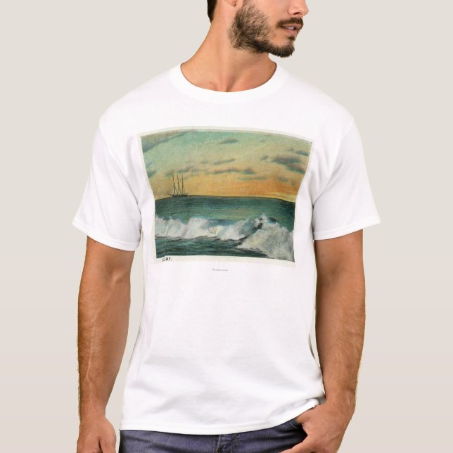 Camiseta Baía de Casco, MaineShip na baía no nascer do sol (Frente)