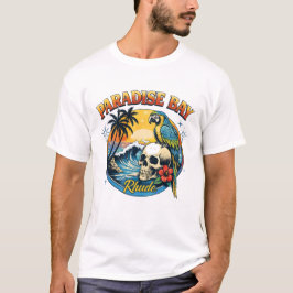 Camiseta Baía do Paraíso Crânio Tropical e Papagaio Pôr do 