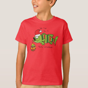 Camiseta Baixo Natal Engraçado Pesca Peixe Cartoon