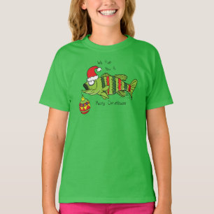 Camiseta Baixo Natal Engraçado Pesca Peixe Cartoon